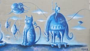 light blue dreamy cat fantasy mural in portland - detail