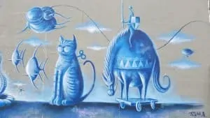 light blue dreamy cat fantasy mural in portland - detail
